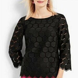 NEW $129 RSVP by Talbots Top Size L Black Geometric Blouse Lace Overlay Top NWT